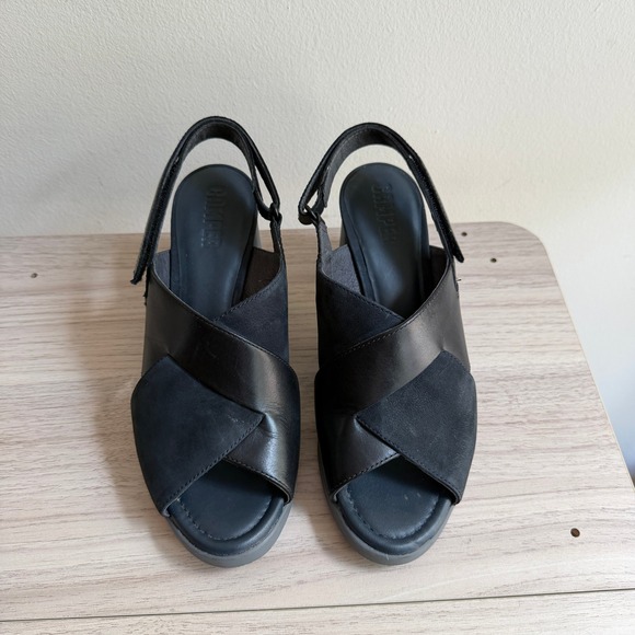 Camper Shoes - Camper Mixed Leather Suede Block Heel Sandals Black Size 36